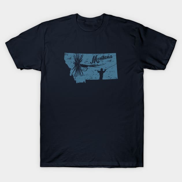 Montana Distressed Fly Fishing State Map T-Shirt by TeeCreations